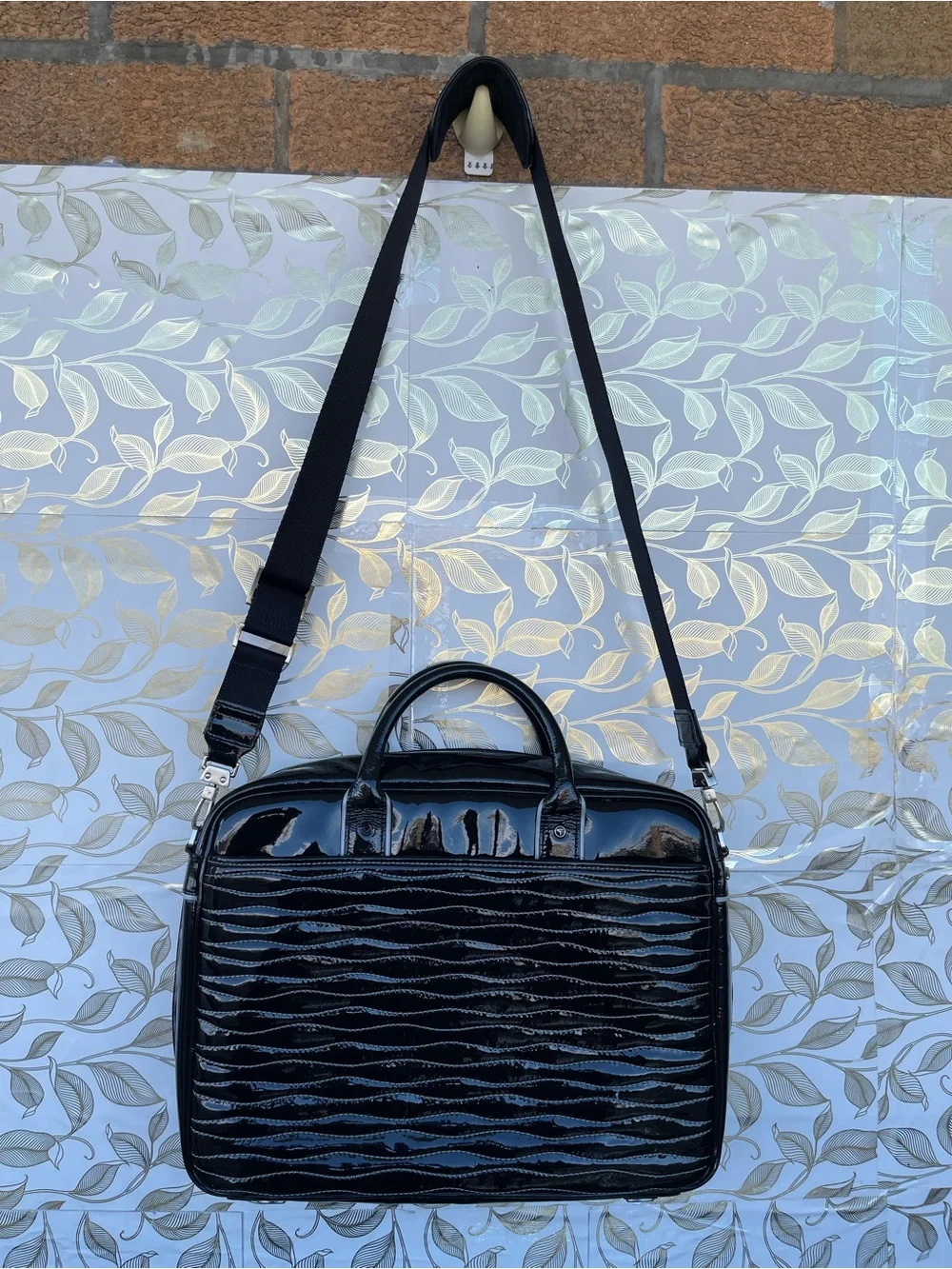 Tumi Black Patent Leather Laptop Briefcase Bag Wave Quilted Retro Whimsigoth Y2K